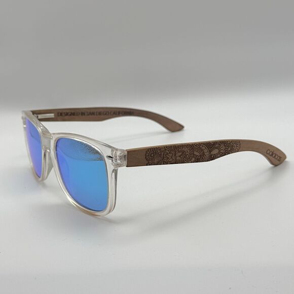 Calacas Eyewear Polarized Sunglasses Blue Lenses Clear & Wood Frame - Picture 3 of 10